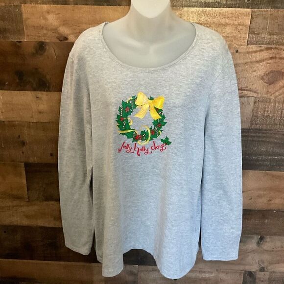 Just My Size Tee Shirt Jolly Holly Days Graphic Wreath Grey Green Red Yellow 1X - Picture 10 of 10